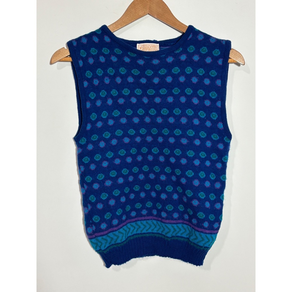 Pendleton Sweater Vest Women M Blue Polka Dot Wool Vintage Crew Neck USA